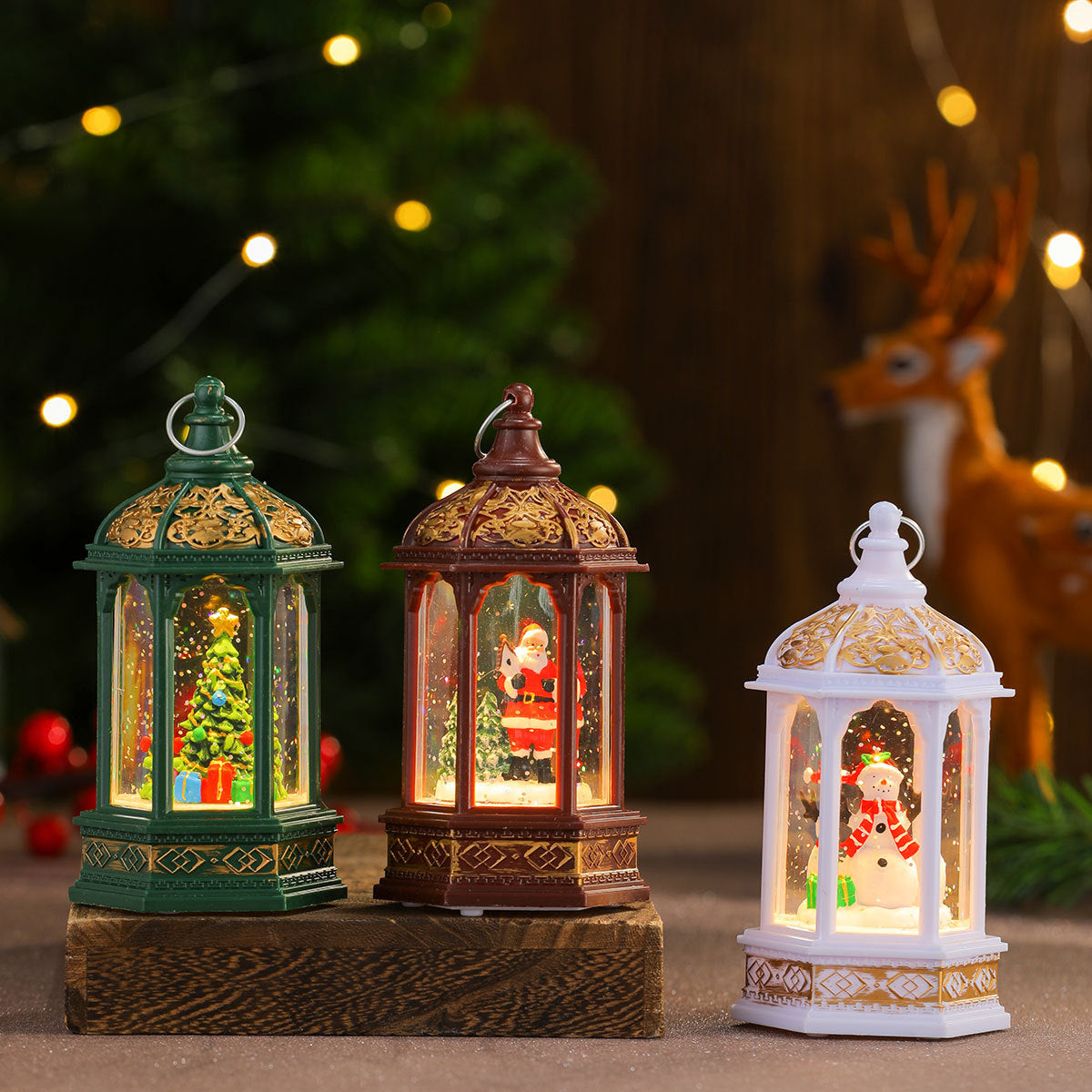 Ornate Christmas Lanterns with a Painted Holiday Figure Inside | Soft LED Light, Just Add Batteries | Cozy Accent for Any Room