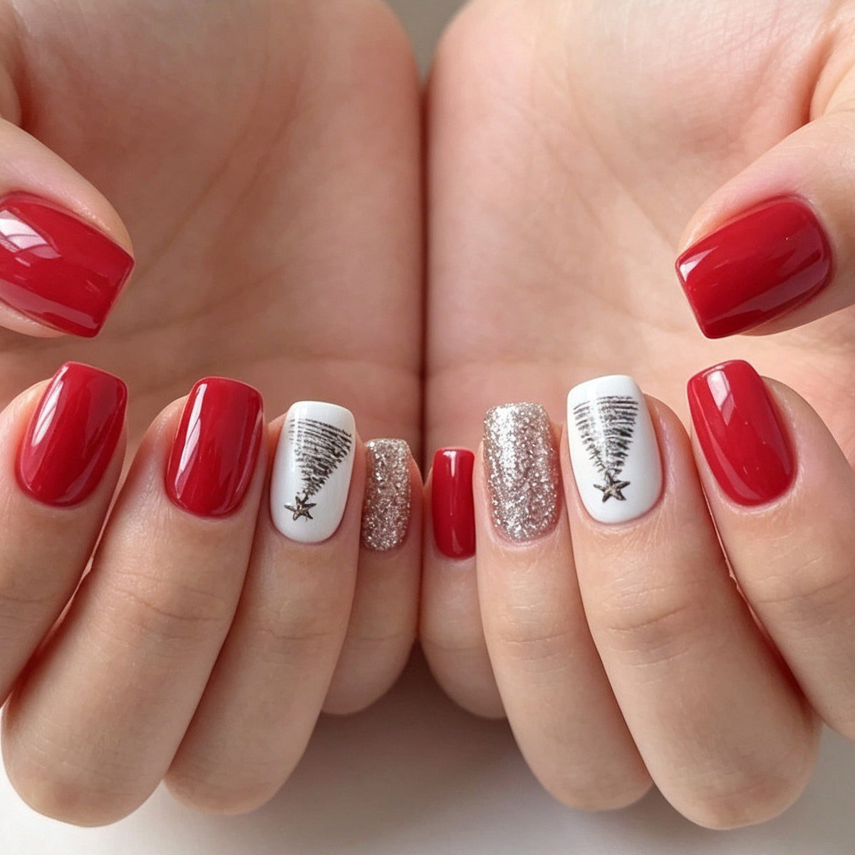 Christmas Tree Nails in Red and Silver Glitter | Press-On Set in Gift-Ready Packaging | Quick Festive Manicure at Home