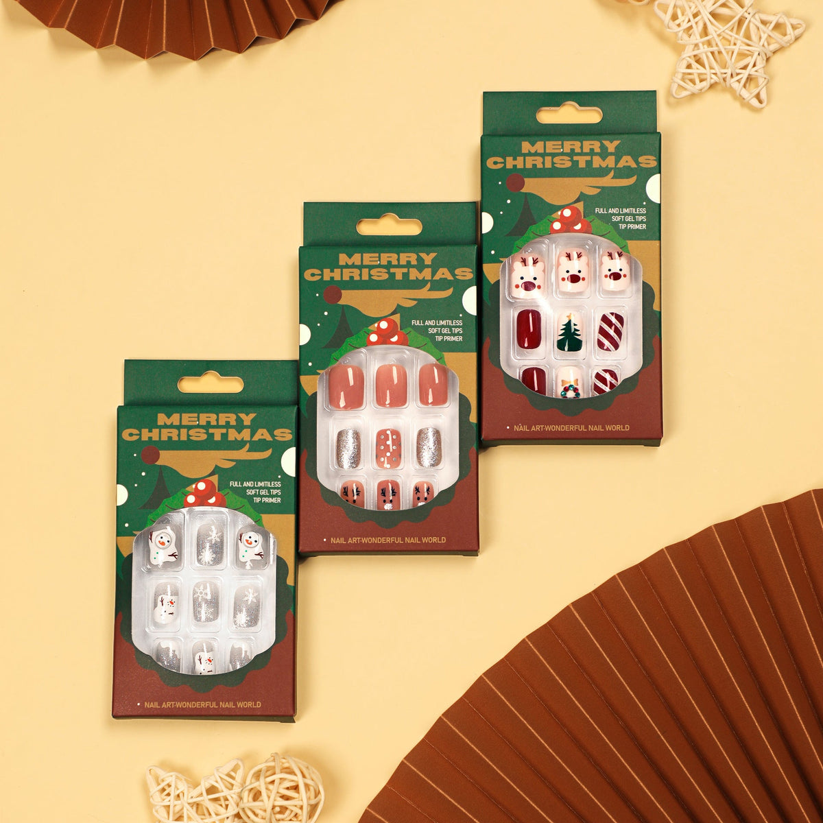 Christmas Nail Designs with Trees and Garlands | Press On Fake Nails in Pink | Glossy Xmas Manicure for Festive Parties