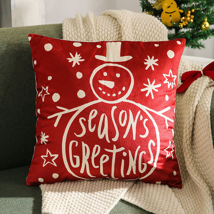 Velvet Christmas Pillow Cover with Season's Greetings Script | Hidden Zipper, Machine Washable | Red Holiday Decorations