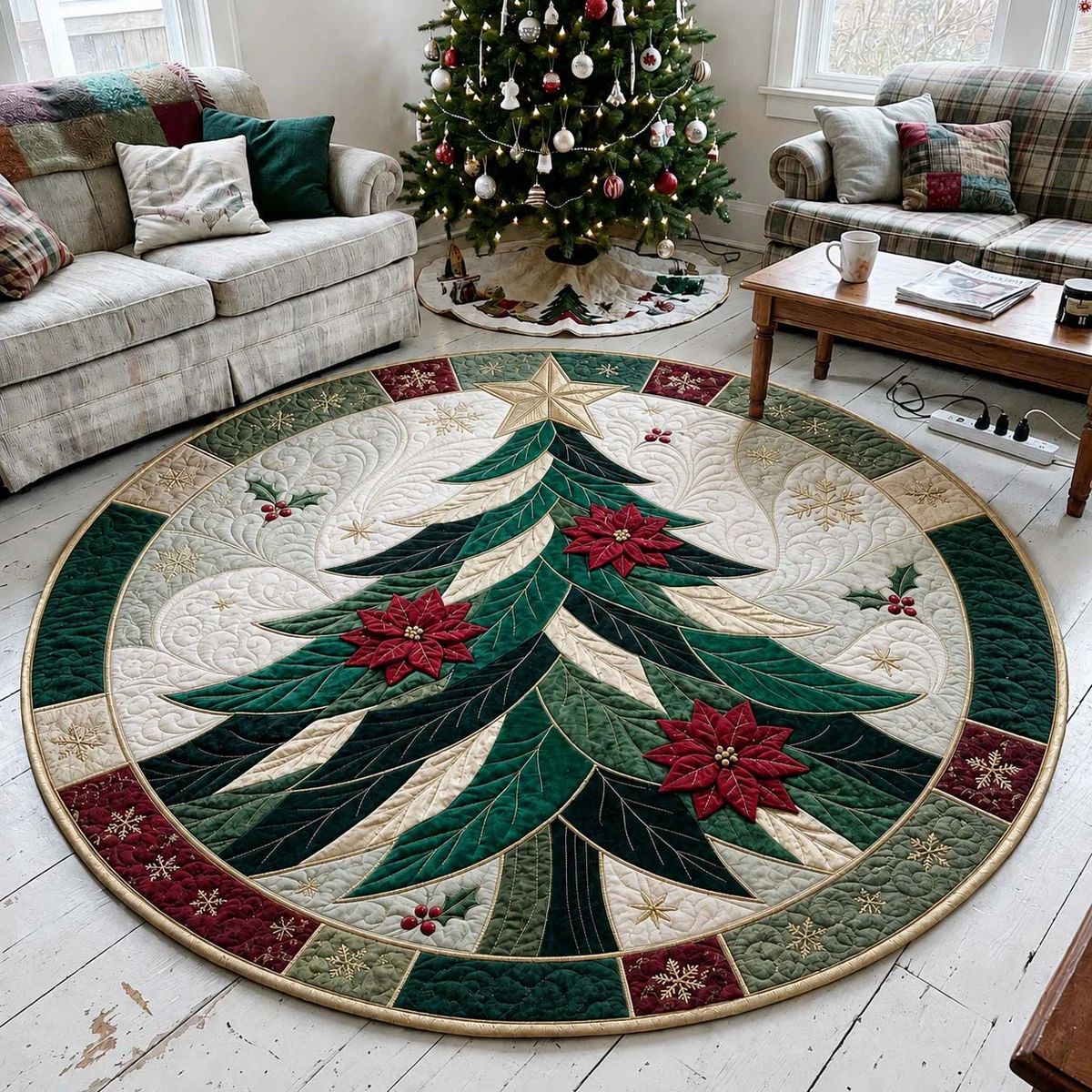 Round Christmas Rug with a Quilted Tree Motif | Soft Underfoot and Easy to Clean | 5 Sizes and 7 Designs