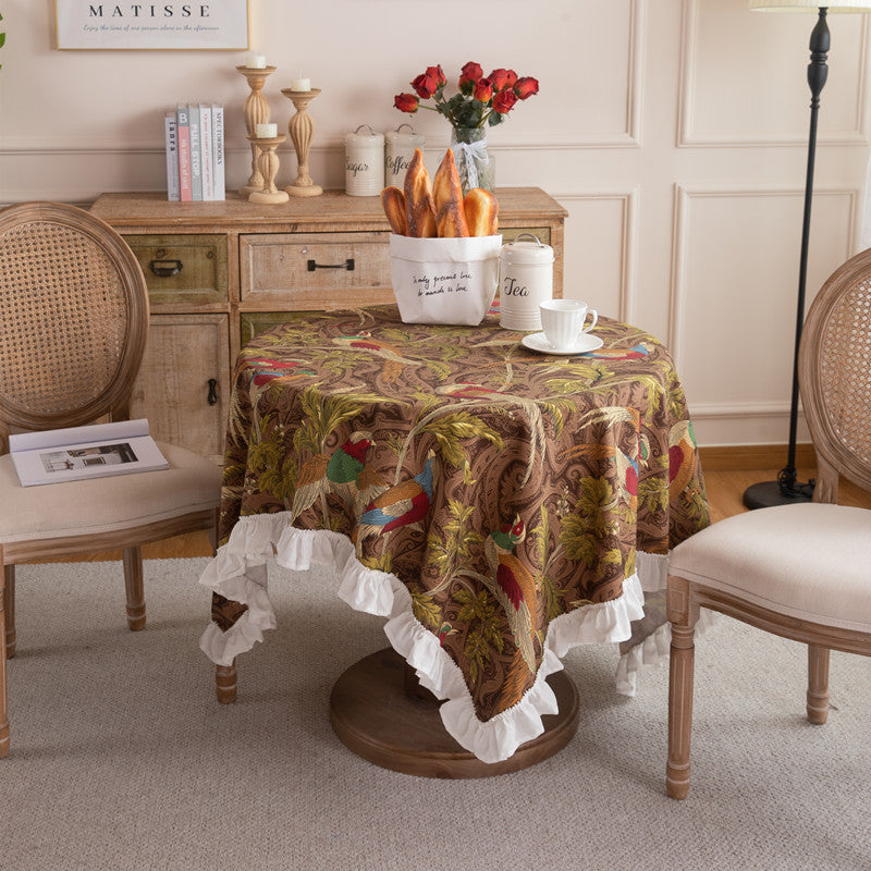Ornamental Bird and Leaf Tablecloth with Ruffle Trim | Wrinkle Resistant Washable Fabric | 2 Colors