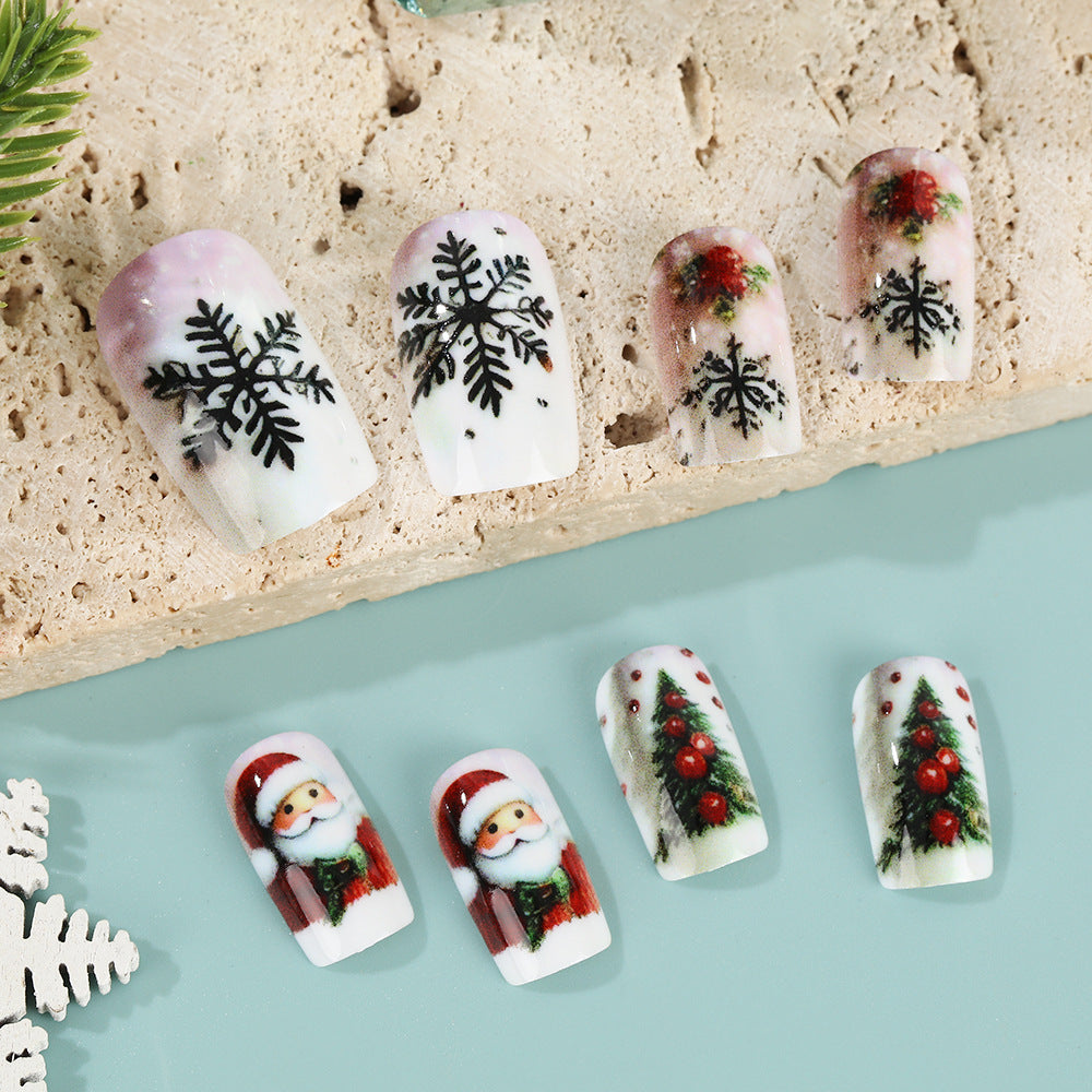 Festive Nails with Christmas Trees and Snowflakes | Press On Nail Set in White | Xmas Manicure for Family Photos