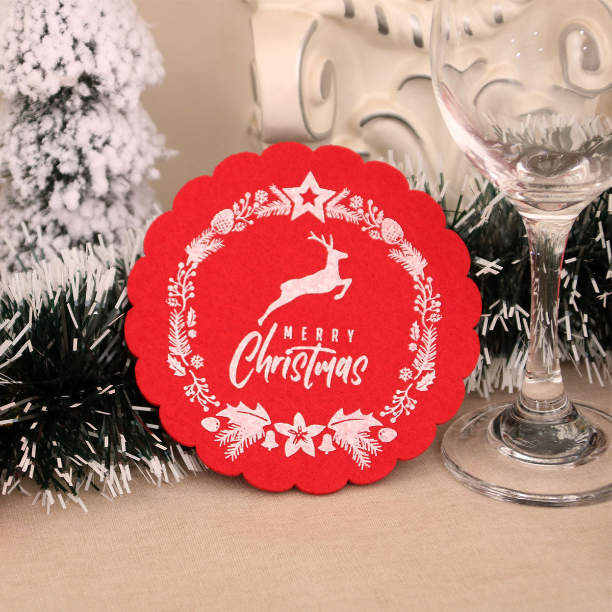 Felt Christmas Table Mats with Scalloped Edges and Merry Print | Round Placemats and Coasters, Two Colorways | Wipe Clean Decorations
