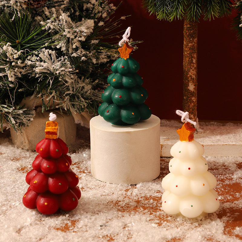 Hand Poured Christmas Tree Candle with Clear Star Top and Bead Accents | Cotton Hanging Loop | Festive Holiday Decorations
