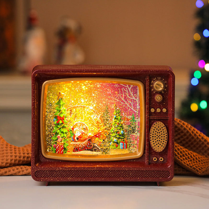 LED Lantern with a Santa Figurine Holding a Fir Tree | Shimmering Glitter Around the Scene | Warm Christmas Tabletop Light