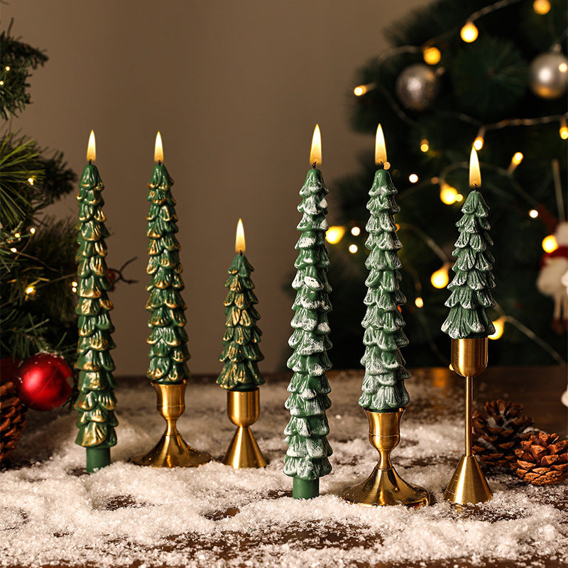 Sculpted Pine Christmas Tree Candles with Brass Finish Holders | Trio Set in Graduated Heights | Festive Table Centerpieces