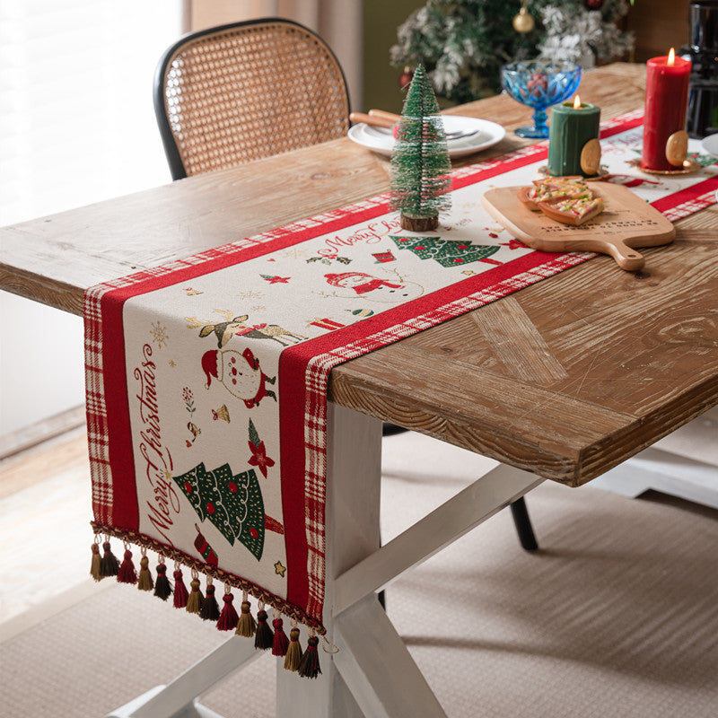 Christmas Table Runner with Santa, Trees and Ornaments | Durable Red Fabric for Festive Dining | Easy Wipe Clean Care