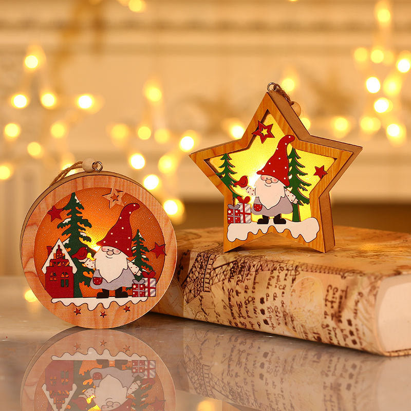 Wooden Christmas Tree Ornaments with Gnome and Santa Cutouts | Star or Round Shape on a Hanging String | 2 Colorways