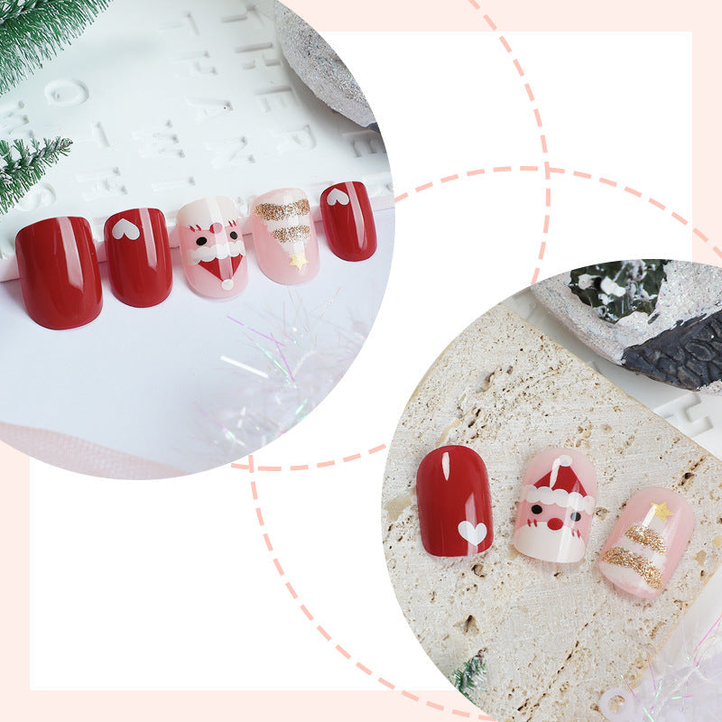 Santa and Heart Christmas Nails | Reusable Press On Nail Set with Adhesive Tabs | Festive Manicure for Winter Parties
