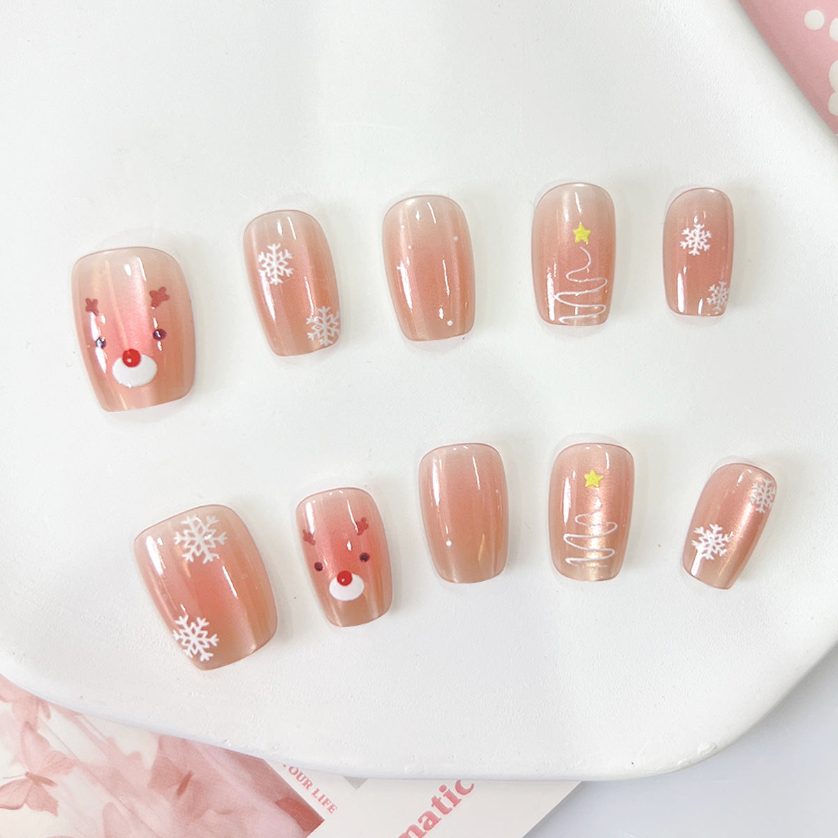 Reindeer Christmas Nails with Snowflake and Tree Motifs | Press On Fingernails in Mixed Sizes | Festive Winter Manicure