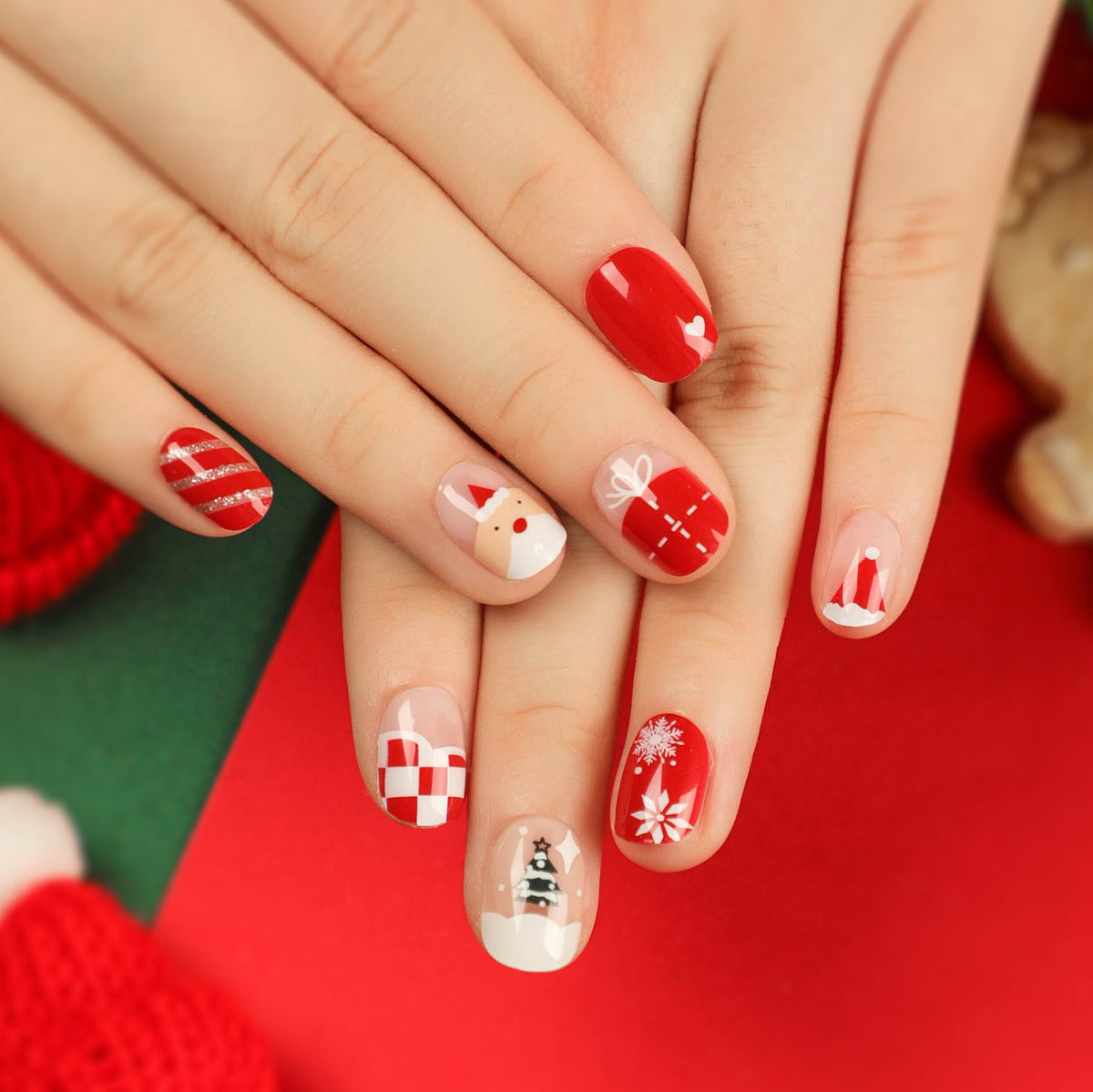 Santa Christmas Nails with Snowflake Accents | Festive Press On Nail Art | Easy Home Manicure for Holiday Parties