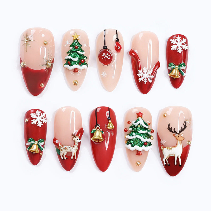 Snowflake Nails with Christmas Tree and Glitter Accents | Press On Fingernails in Mixed Sizes | Festive Manicure