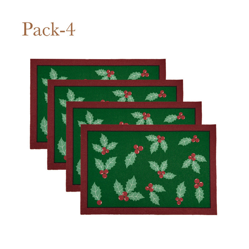 Christmas Placemat Set with Merry Lettering and Holly Accents | Red and Green Scalloped Table Mats | Flat Wipe Clean Decorations