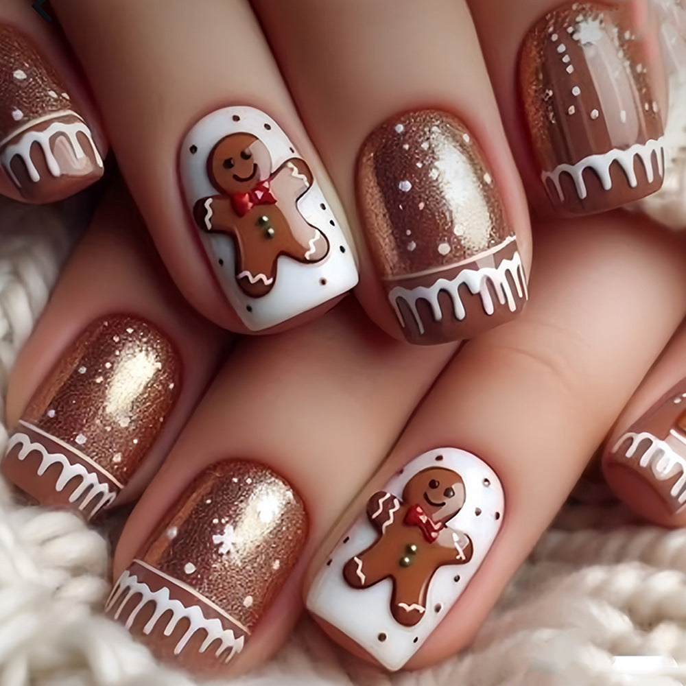 Gingerbread Nails with Glitter Finish | Christmas Nail Art Set with Winter Motifs | Festive Xmas Manicure for Office Parties