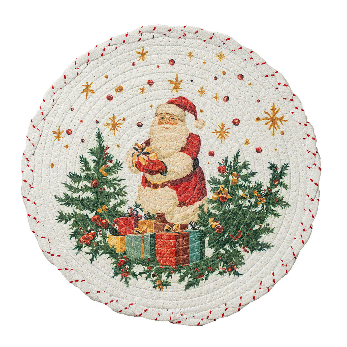 Round Braided Christmas Placemats | Santa, Tree and Reindeer Prints in Six Designs | Woven Cotton Table Decorations