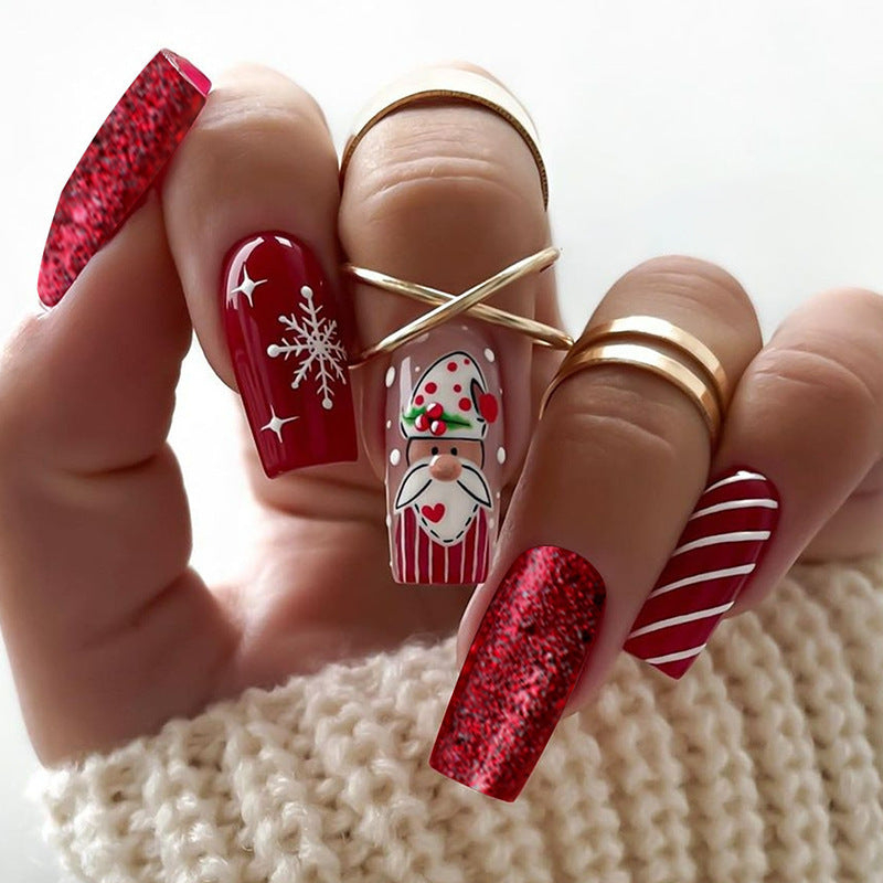 Candy Cane Christmas Nails with Snowman and Snowflake Art | Glitter Press On Nail Set | Festive Winter Manicure