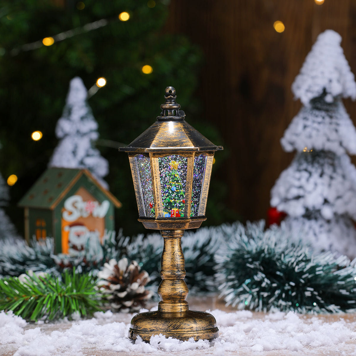 Street Lamp Lantern with Christmas Lights | Santa Figure Inside, in Red or White | Indoor and Outdoor Tabletop Decor