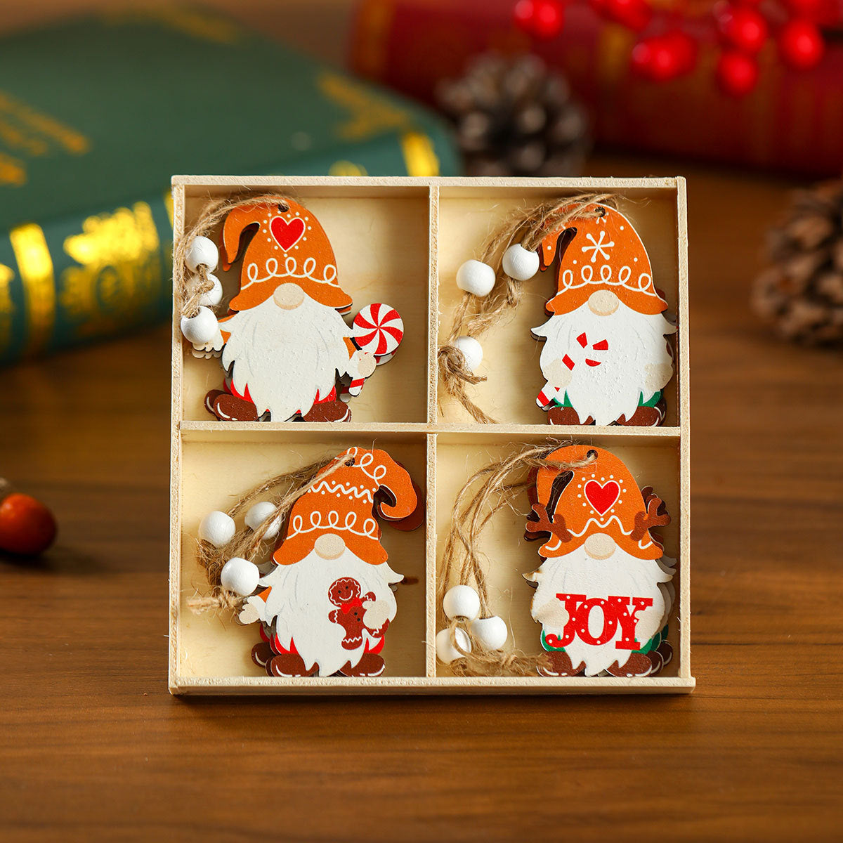 Gnome Christmas Ornaments Set with String Included | Hang on Trees, Wreaths or Gift Tags | Lightweight Wooden Decorations