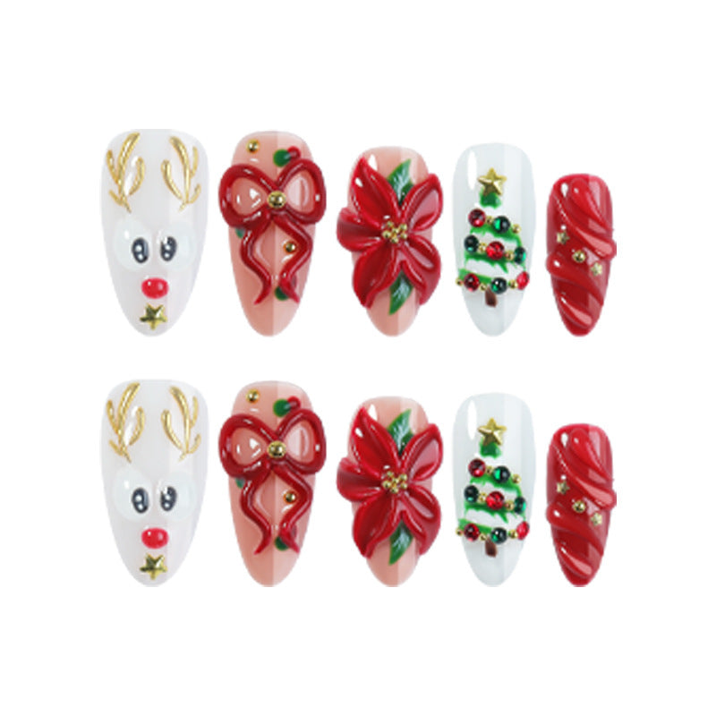 Glitter Christmas Nails with Reindeer and Bows | Set of 10 Press On Nail Tips in Three Designs | Festive Xmas Manicure