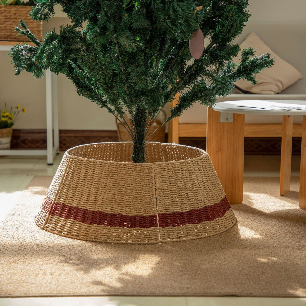 Woven Christmas Tree Stand Cover in Natural Fibres | Rustic Xmas Basket for the Base in Red or Green | Festive Decor