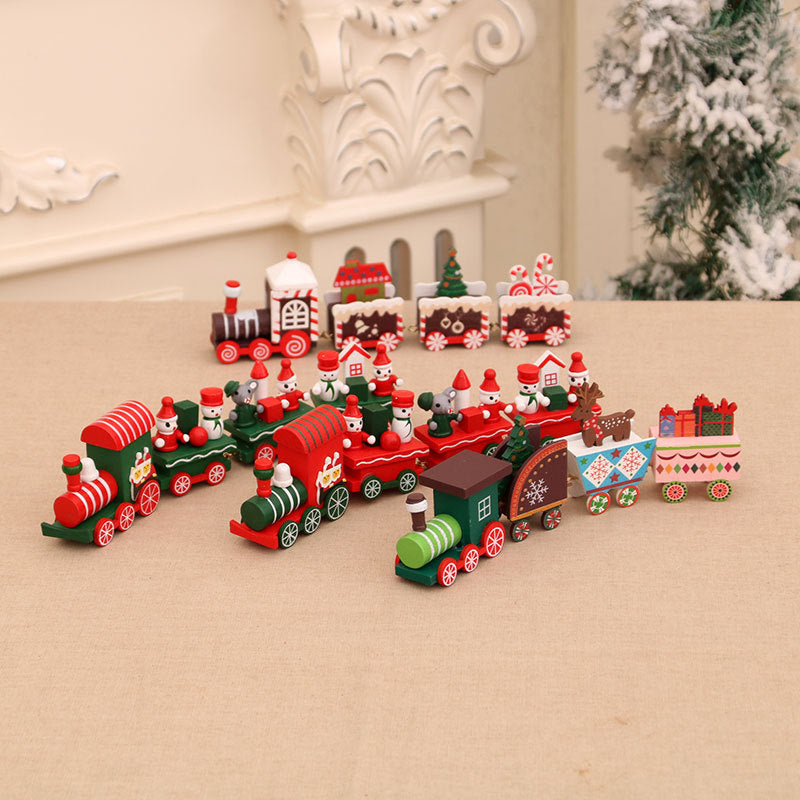 Wooden Train Christmas Ornaments with Gingerbread Passenger | Candy Cane and Fir Tree Details, Hanging Loop | Four Colorful Designs