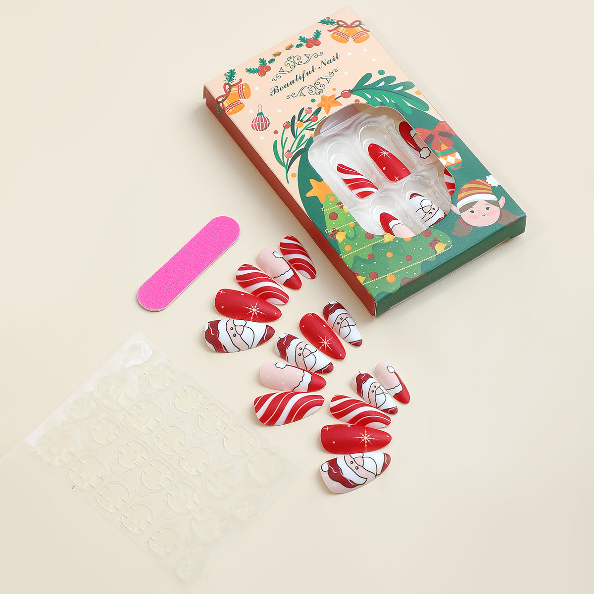Christmas Fake Nails in Classic Holiday Colours | Set of 24 Nail Tips with Adhesive Included | Festive Xmas Manicure Kit