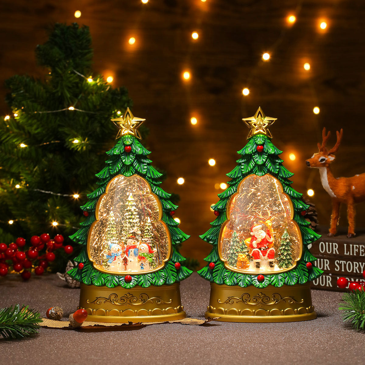 Snowman Inside a Lit Christmas Tree Dome | Star Topper and Painted Ornament Details | Warm LED Glow for Living Room Tables
