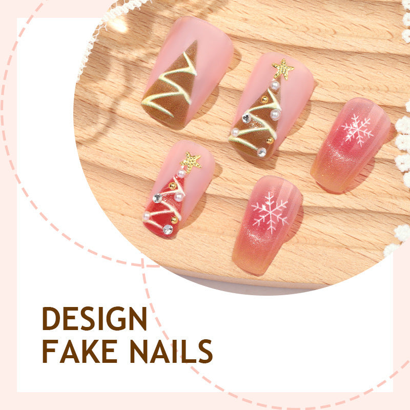 Snowflake and Tree Christmas Nails with Glitter | 24 Glossy Press On Fingernails | Festive Winter Manicure Kit