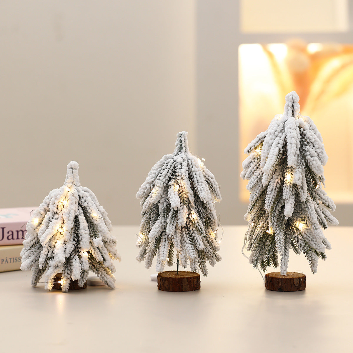 Flocked Christmas Tree Miniatures with Realistic Snowy Branches | Sturdy Wooden Bases | Soft LED Glow for Evening Displays