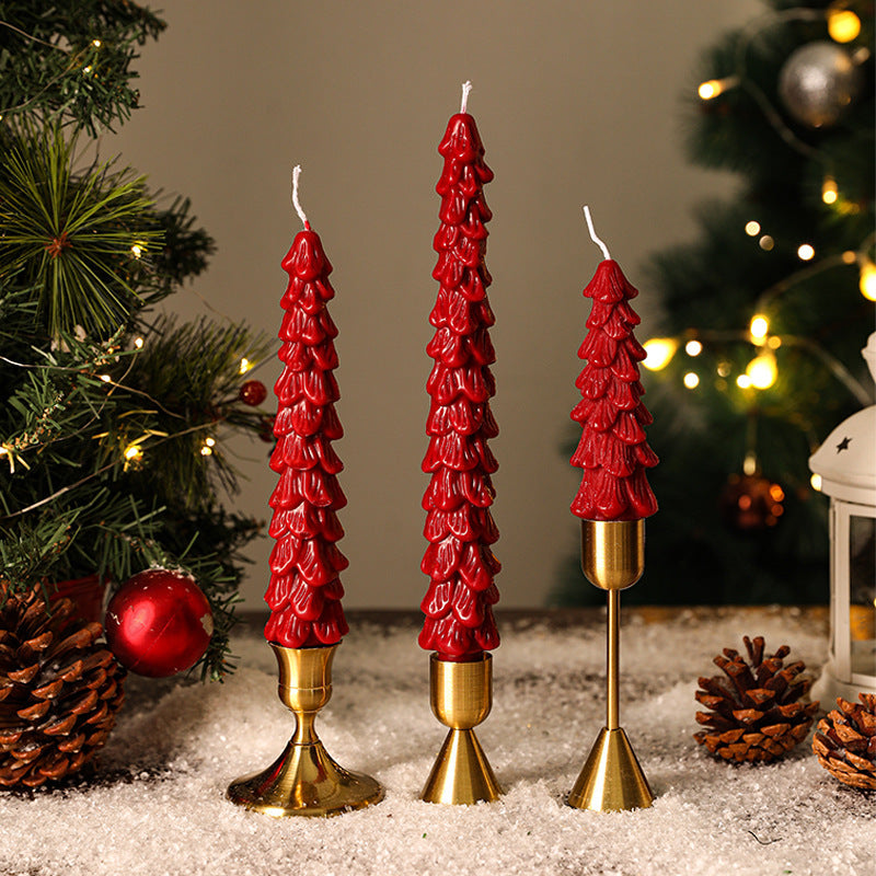 Sculpted Pine Christmas Tree Candles with Brass Finish Holders | Trio Set in Graduated Heights | Festive Table Centerpieces