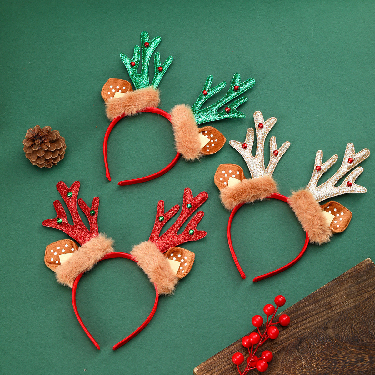 Christmas Headband with Sparkling Reindeer Antlers | Soft Base Built for All-Day Comfort | Party Accessories in Green, Red or Gold