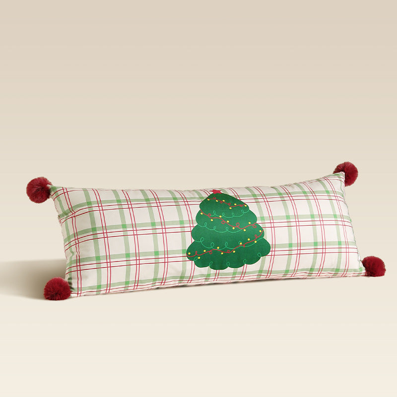 Extra Long Plaid Lumbar Pillow for Christmas Living Room | Pom-Pom Corners, Cotton Blend Cover | 13.78 x 35.43 in, Five Designs
