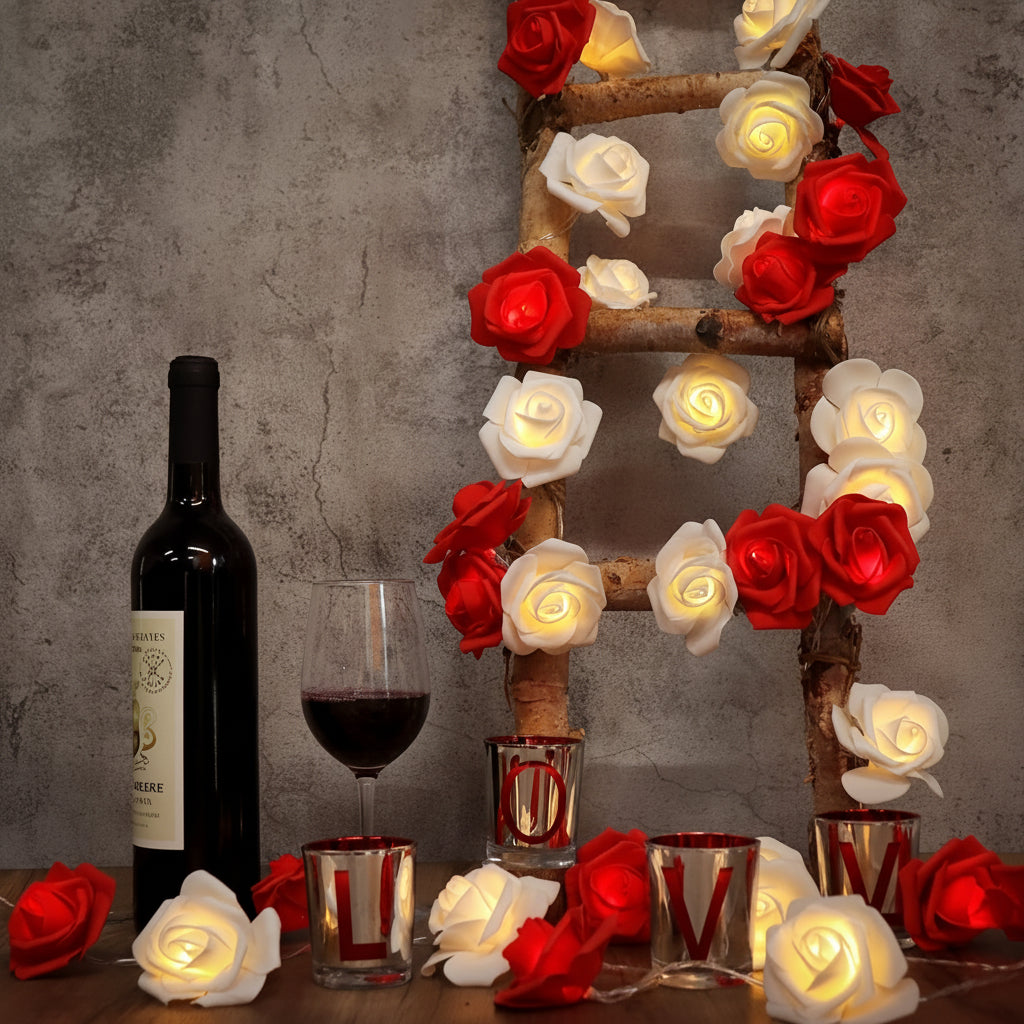 Floral LED light strand draped as room decor for a romantic setting