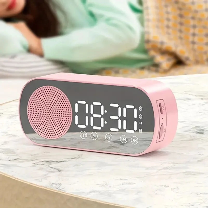 Digital Alarm Clock with Bluetooth Speaker and FM Radio | Mirror Front and a Large Time Display | Black, White or Pink
