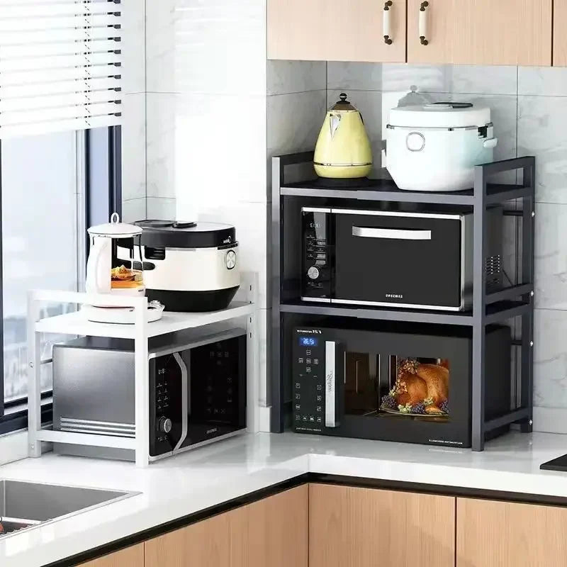 Expandable Two-Tier Microwave Rack with Four Hooks | Carbon Steel Shelves for Kitchen Counters | 17 to 25 in Wide
