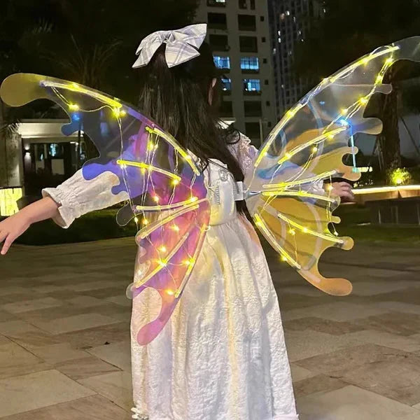 LED fairy wings costume glowing in colorful butterfly patterns