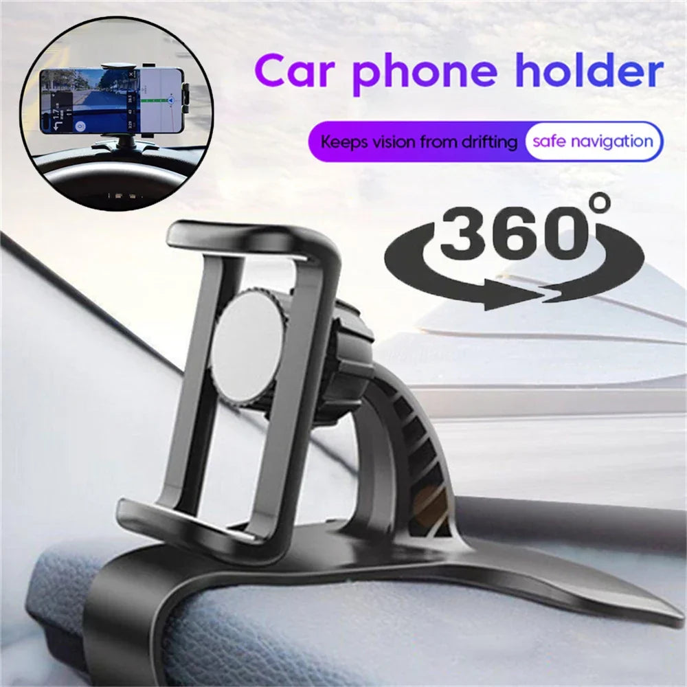 Car Phone Holder with 360 Degree Swivel | Dashboard Clip Mount and Non Slip Silicone Pads for Safe Navigation