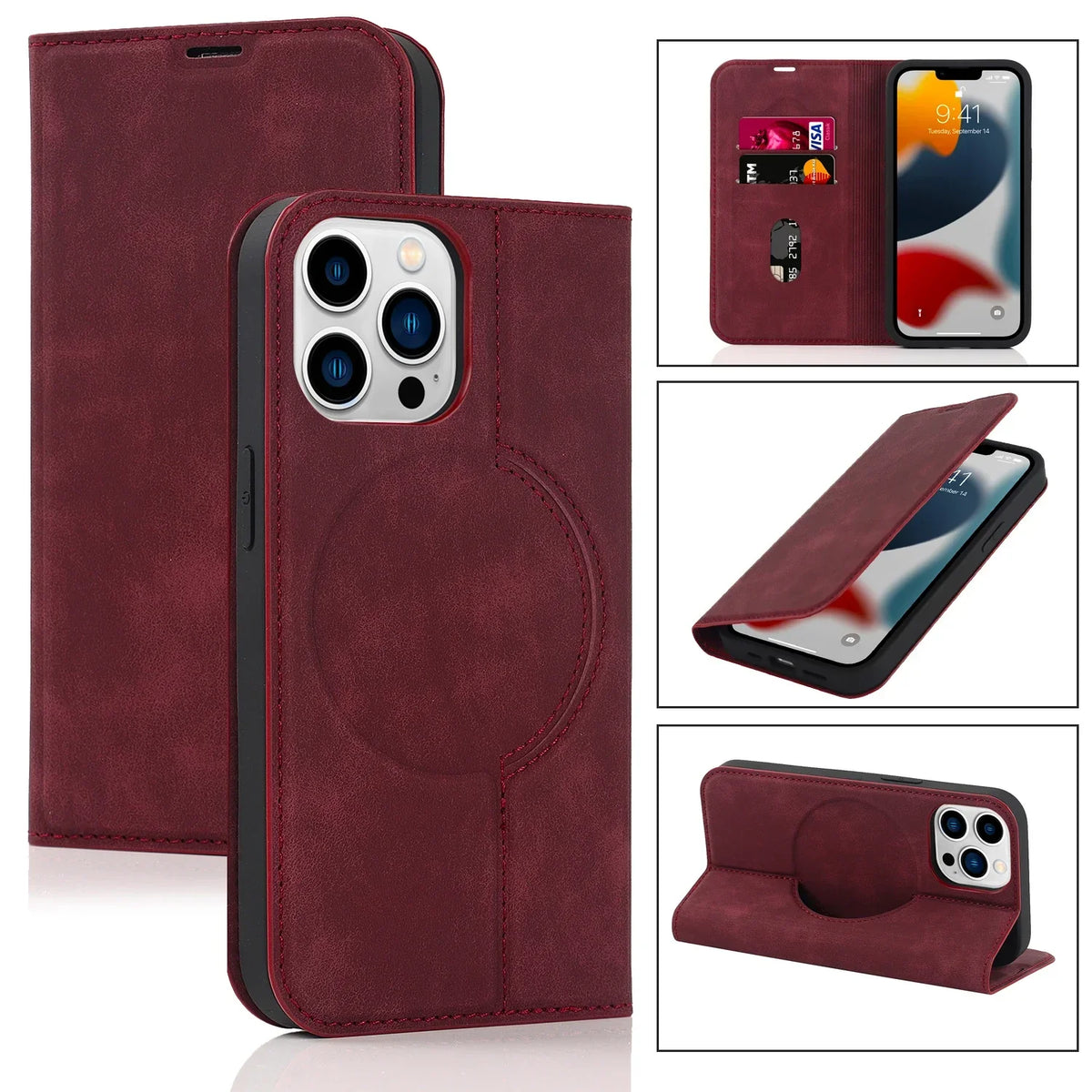Wallet Phone Case for iPhone 12 to 15 | Two Card Slots and a SIM Pocket in PU Leather | MagSafe Compatible, Six Colors