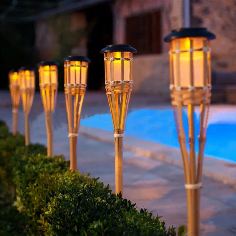 Solar Garden Torches with a Flickering Flame Effect | Set of Five, Cordless and Weatherproof | Outdoor Yard Decorations