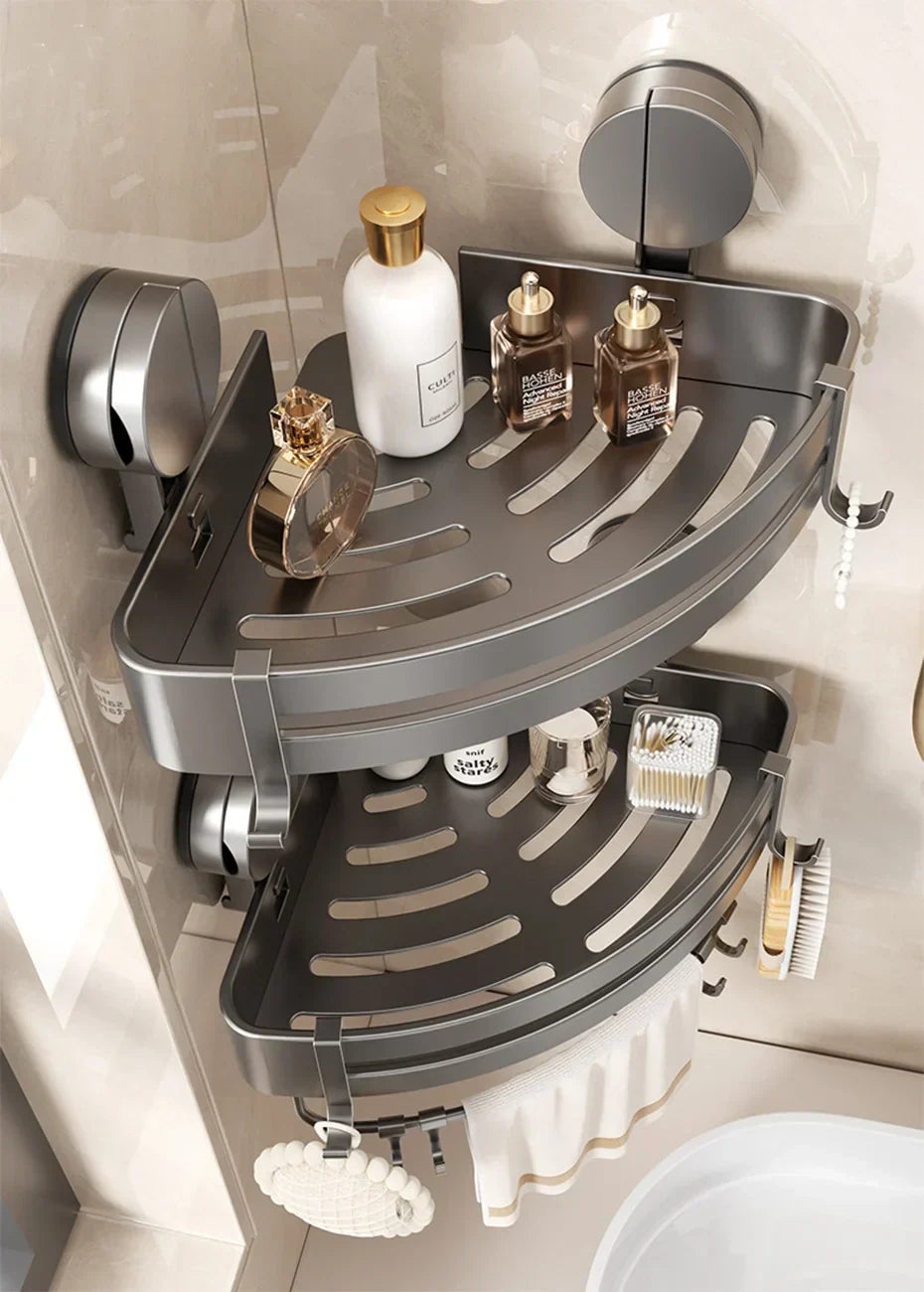 Suction Cup Shower Caddy in Aluminum, No Drilling Needed | Corner or Flat Wall Shelf for Shampoo and Soap | Four Shapes