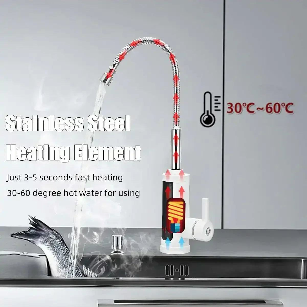 Electric Kitchen Faucet with Instant Hot Water in 3 to 5 Seconds | Heats 86 to 140 F on Demand | Stainless Heating Element