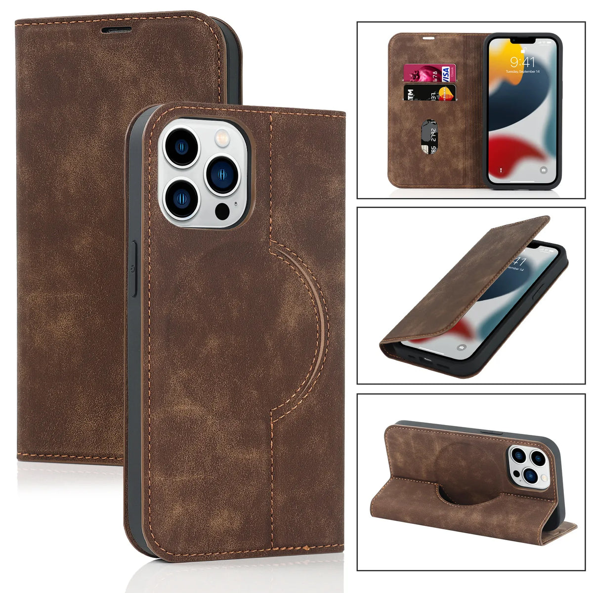 Wallet Phone Case for iPhone 12 to 15 | Two Card Slots and a SIM Pocket in PU Leather | MagSafe Compatible, Six Colors