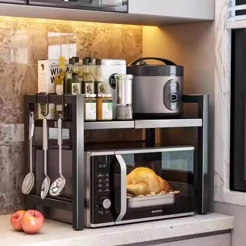 Expandable Two-Tier Microwave Rack with Four Hooks | Carbon Steel Shelves for Kitchen Counters | 17 to 25 in Wide