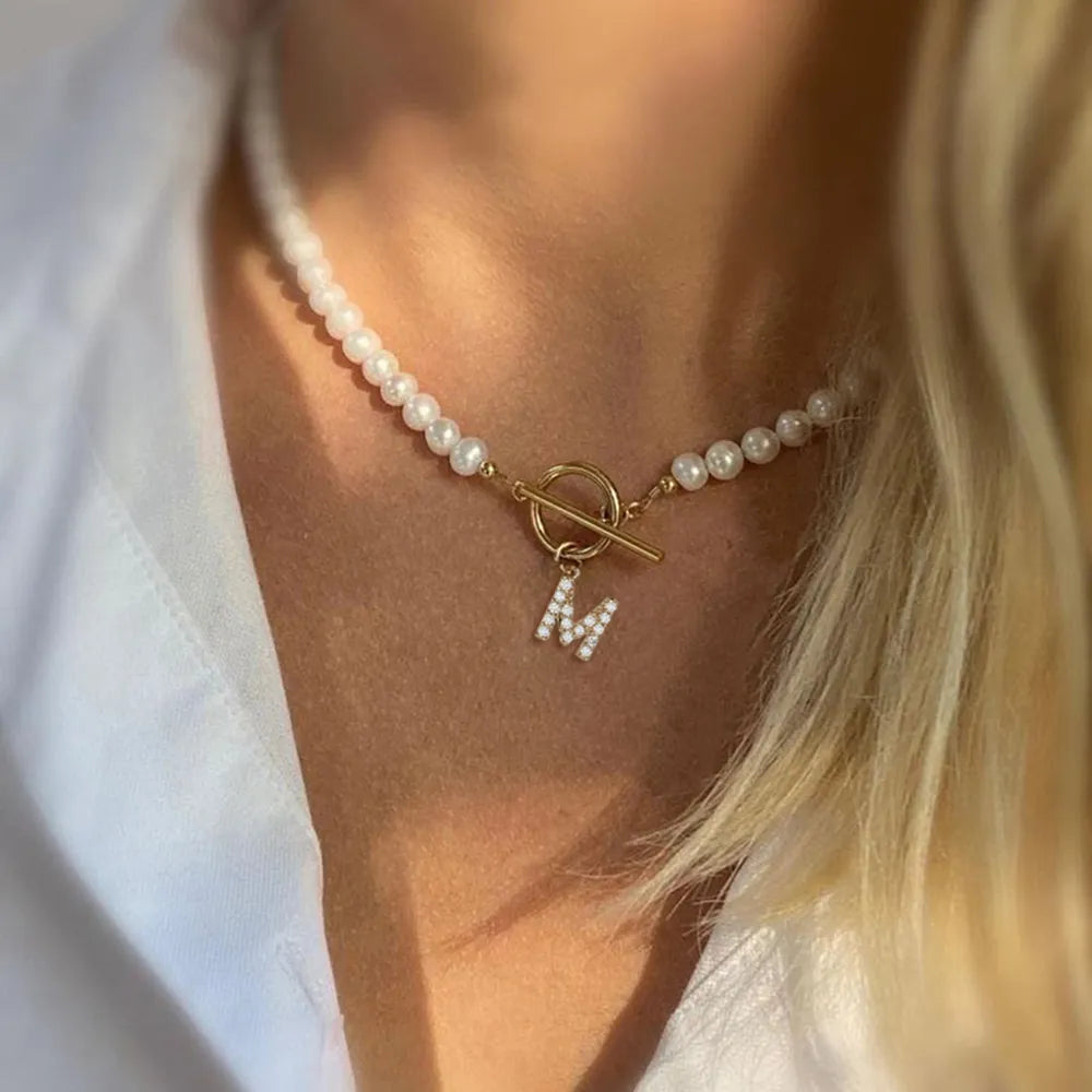 18 Karat Gold Plated Initial Necklace on a Pearl Strand | Zirconia Letter Charm with Toggle Clasp | 25 Letters