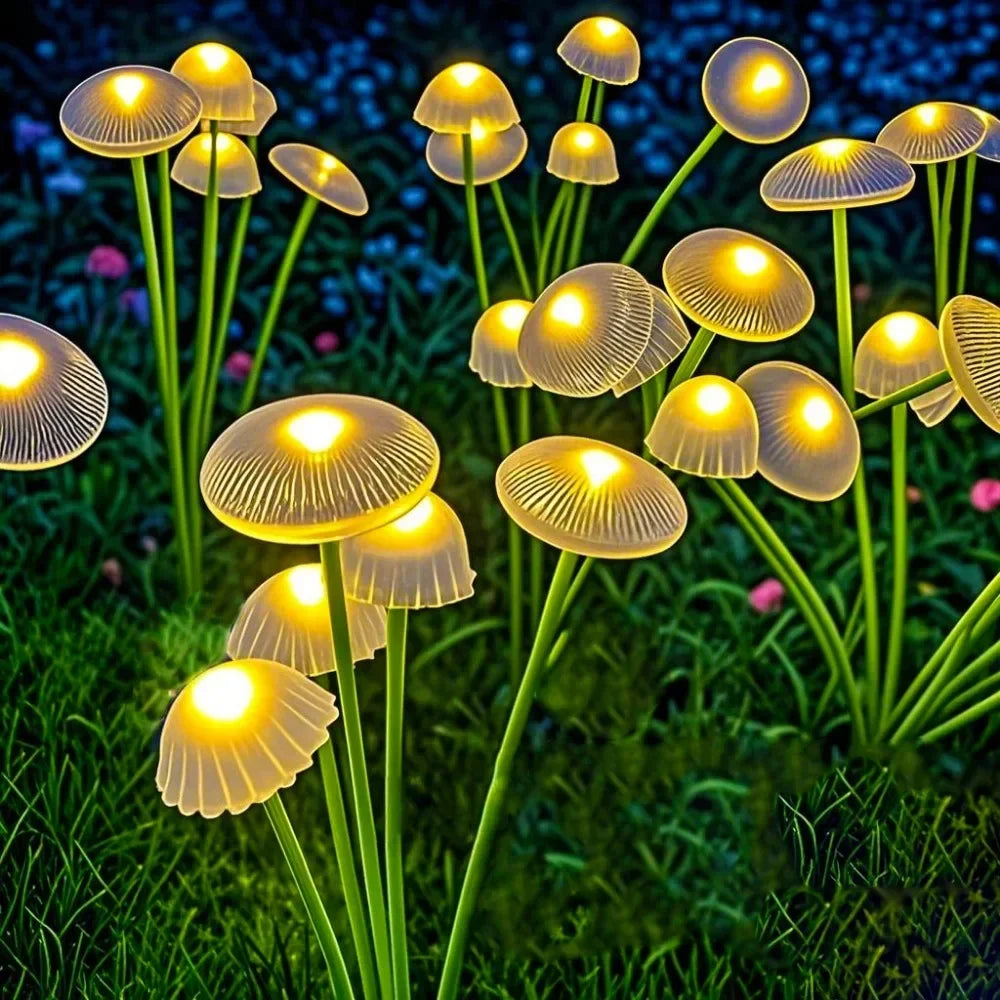 Solar mushroom garden stake light with warm white jellyfish LED head