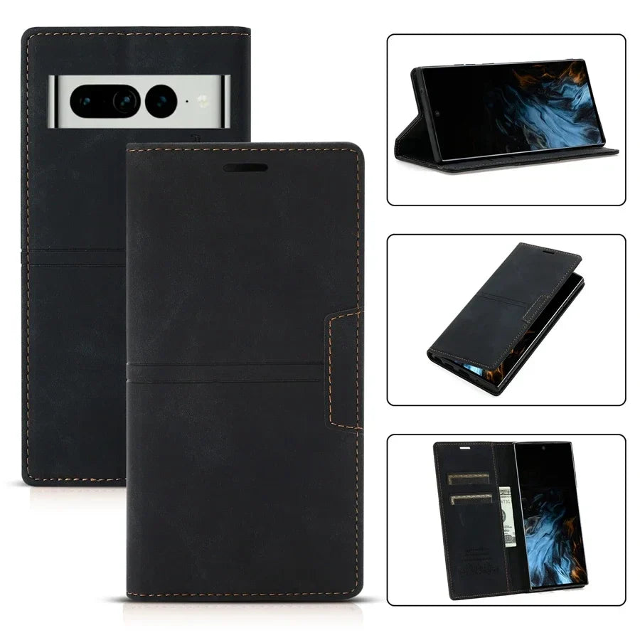 Flip Phone Case for Google Pixel 8 7 and 6 | Magnetic Wallet Cover with Card Slots and Video Stand