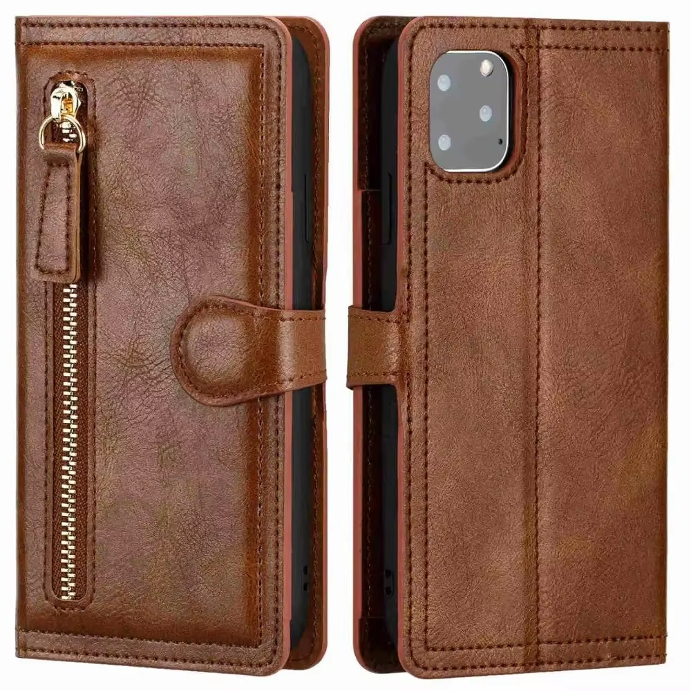 Faux Leather Wallet Phone Case for iPhone 11 to 16 Pro Max | Zip Pocket, Card Slots and Fold Out Stand | Five Colors