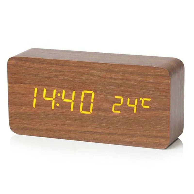 Digital Alarm Clock in Wood Finish with Bright LED Display | Silent Bedside Timepiece for Bedroom or Office