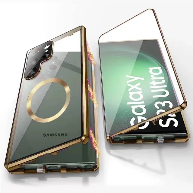 Phone Covers for Samsung Galaxy S23 and Newer | Double Sided Tempered Glass in an Aluminum Frame | Slider Lock, Wireless Charging